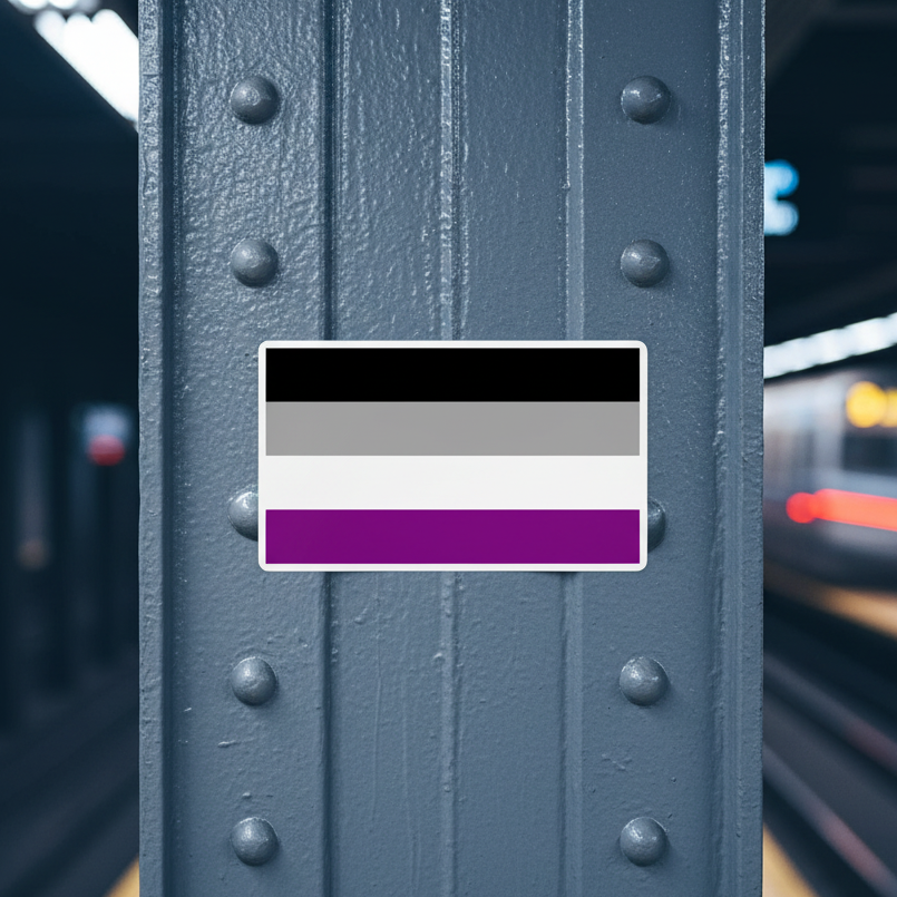 Asexual Pride bubble-free stickers with crisp black, grey, white, and purple stripes shown on a gray subway column