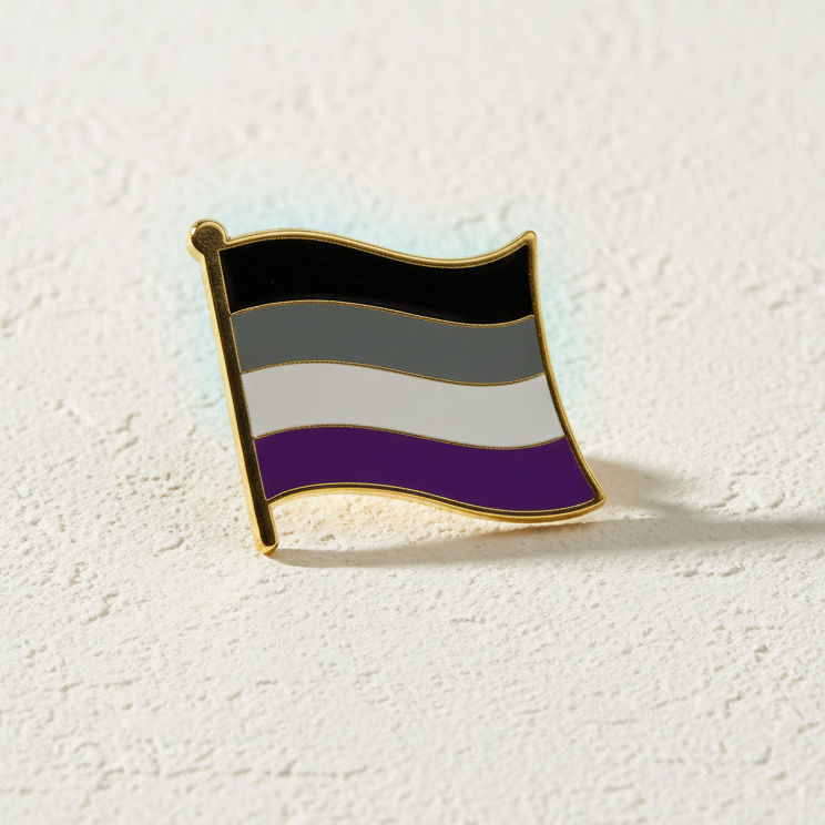 Asexual pride flag enamel pin with black, gray, white, and purple stripes