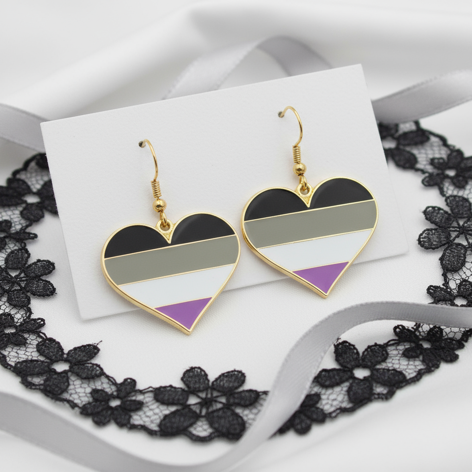 Asexual pride heart earrings with black, gray, white, and purple enamel stripes
