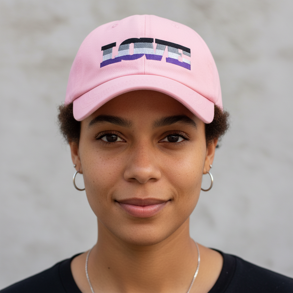 Pink dad hat with "LOVE" embroidered in black and ace pride colors, worn by a person with short curls, hoops