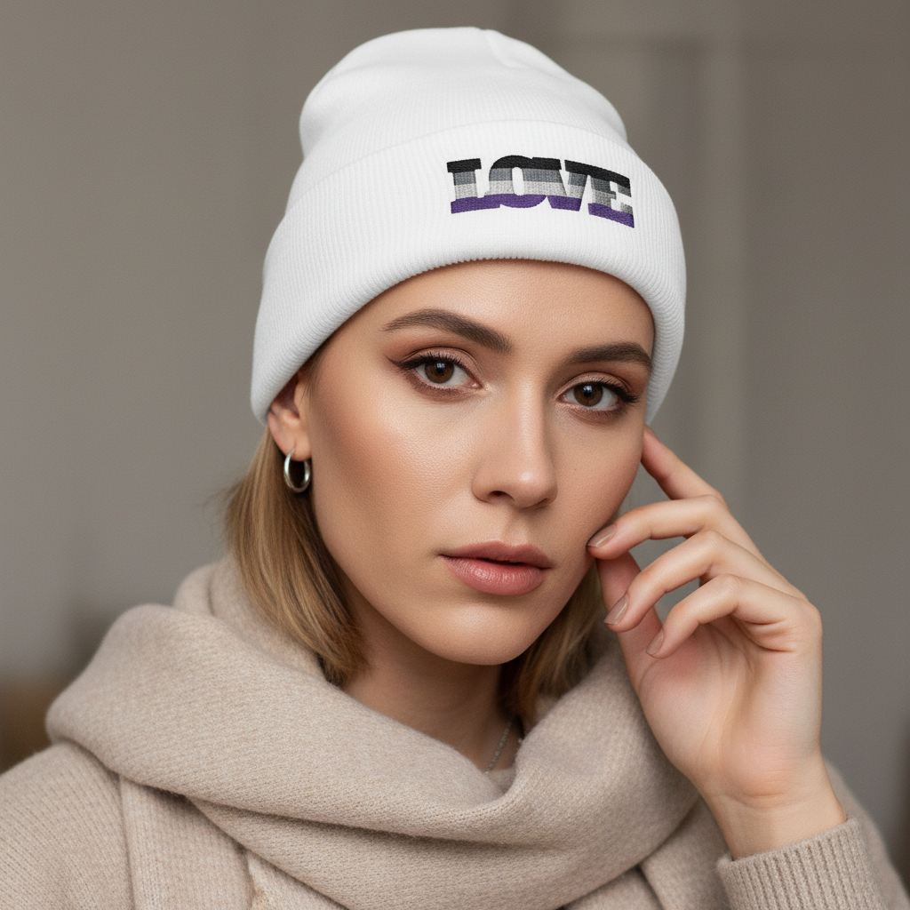 Asexual Love Cuffed Beanie with bold “LOVE” lettering, worn by a short-blond-haired woman in silver hoops and beige scarf.