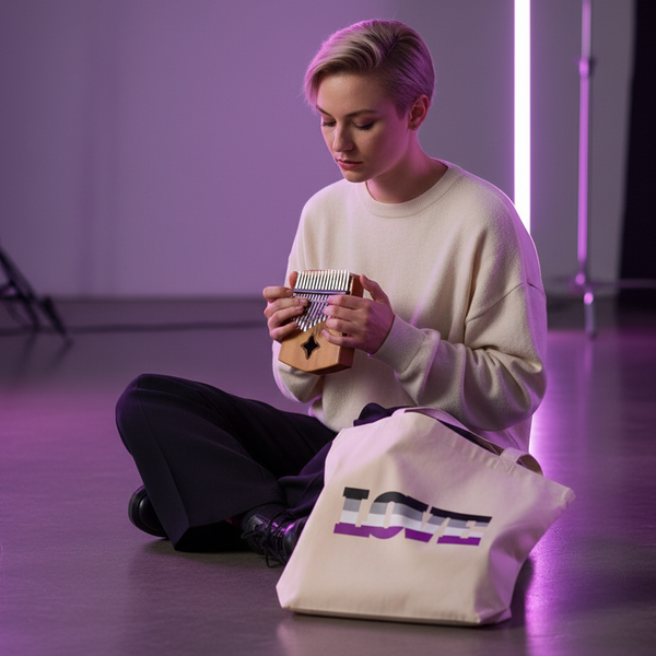 Cream tote bag with striped LOVE lettering beside a seated person playing a kalimba