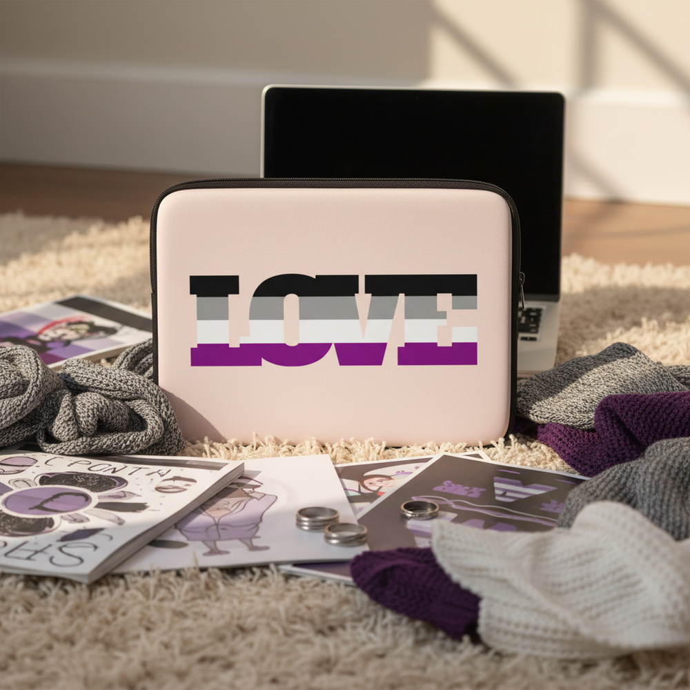 Asexual Love Laptop Sleeve with “LOVE” in ace flag colors, faux fur lining, on beige rug among queer scarves, art