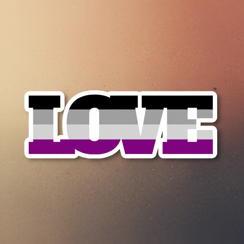 Vinyl magnet with "LOVE" in bold, filled with asexual flag stripes—black, gray, white, purple—on a warm background