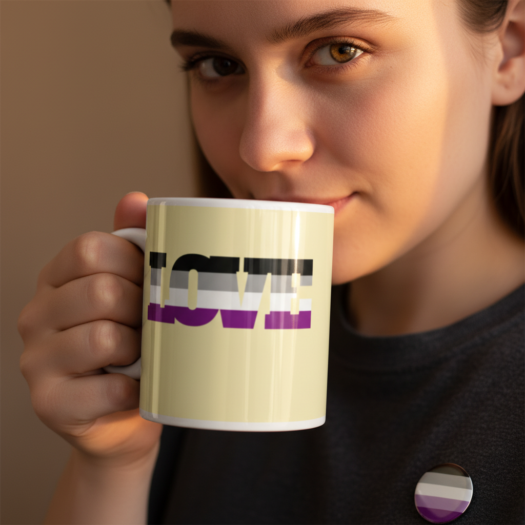 Close-up of a person holding a mug with black, gray, white, and purple stripes