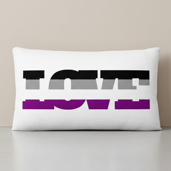 White rectangular cushion with “LOVE” in bold letters, each filled with black, gray, white