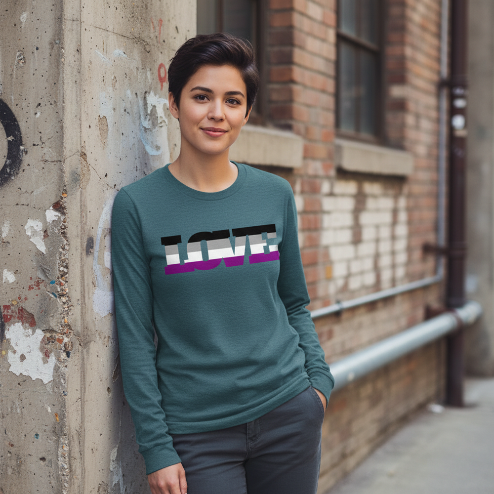 Asexual Love Unisex Long Sleeve Tee with bold “LOVE” lettering and ace pride stripes