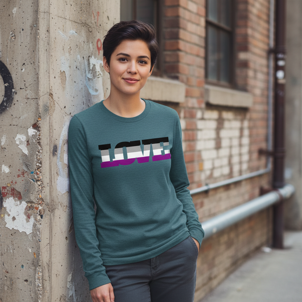 Asexual Love Unisex Long Sleeve Tee with bold “LOVE” lettering and ace pride stripes