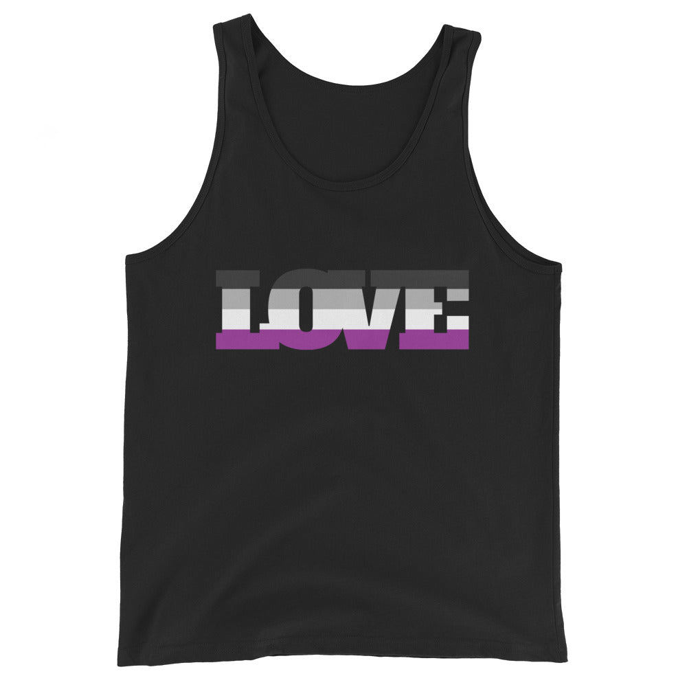 Unisex tank top with "LOVE" across the chest, striped in asexual pride colors