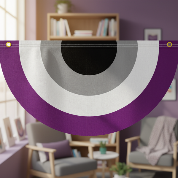 Close-up of purple, white, gray, and black concentric-ring bunting hanging in a living room