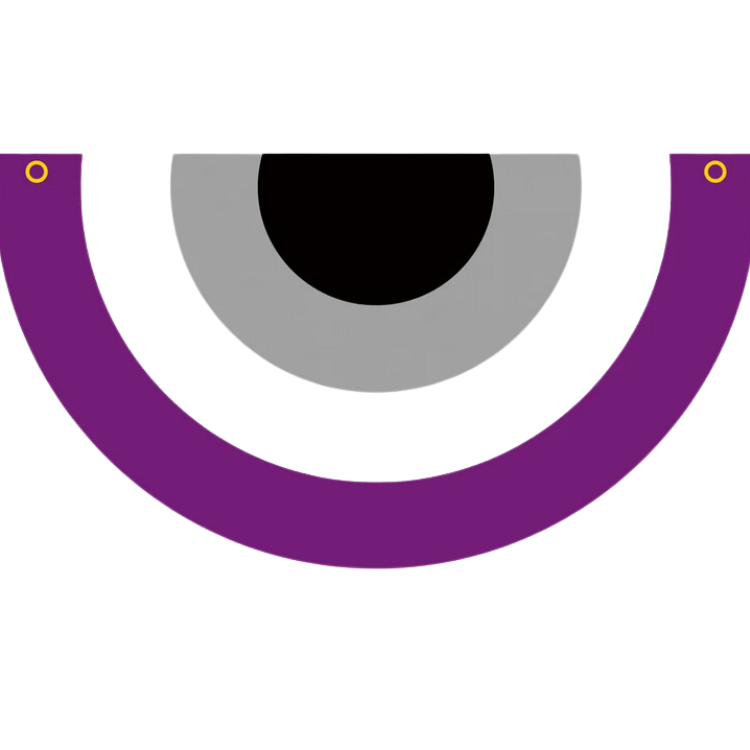 Close-up of purple, white, gray, and black asexual pride bunting with two grommets
