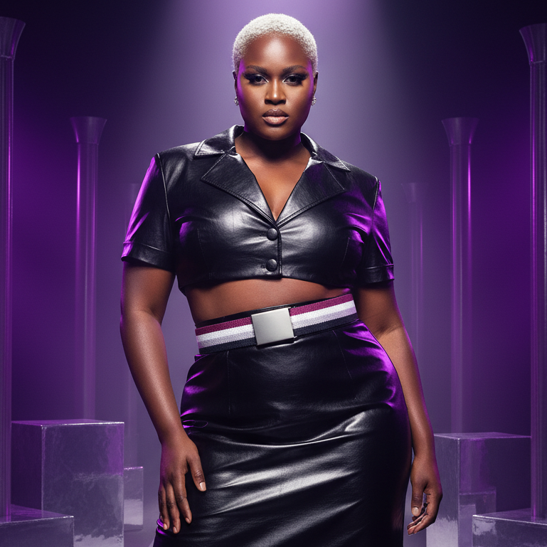 A person with short platinum blond hair models a black leather crop top and skirt, wearing an Asexual Pride Flag Canvas Belt