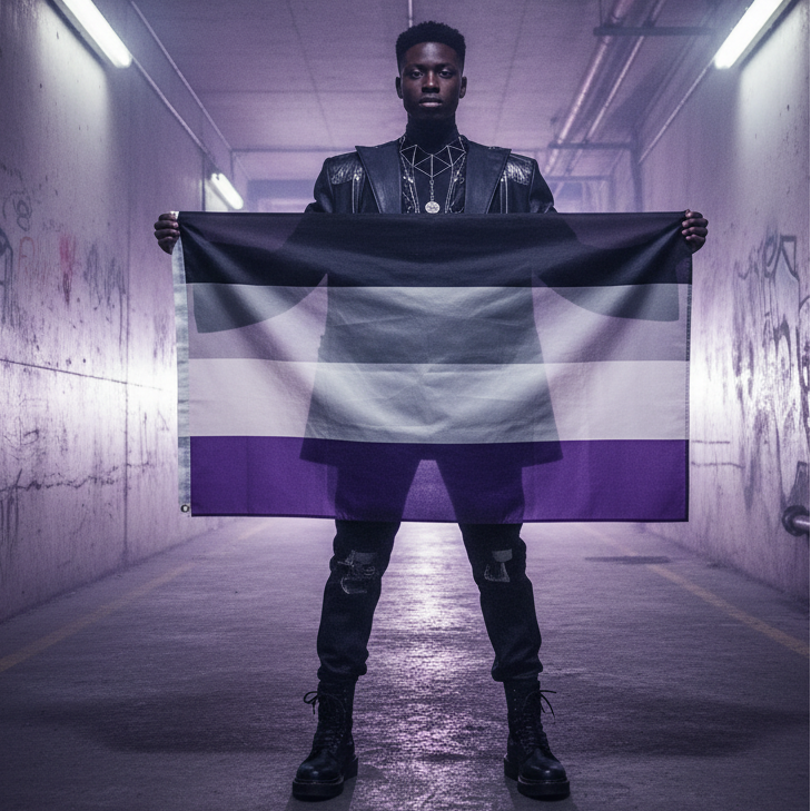 Person holding an asexual pride flag in a graffiti-lined hallway