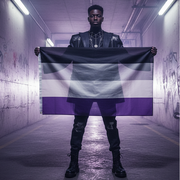 Person holding an asexual pride flag in a graffiti-lined hallway