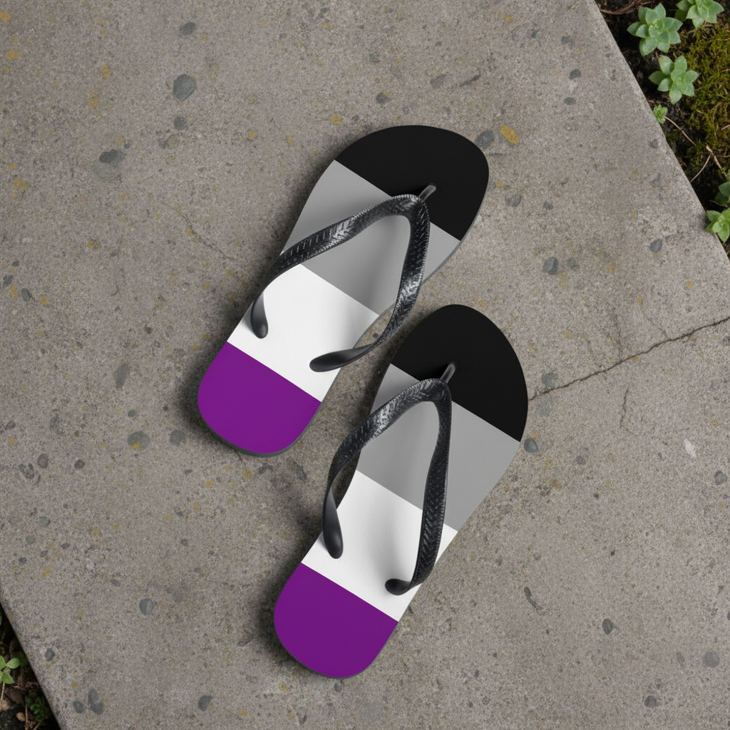 Asexual Pride flip-flops with bold black, gray, white, and purple stripes on textured concrete