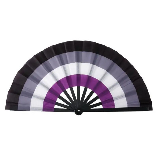 Open folding fan with black, gray, white, and purple bands on a white background
