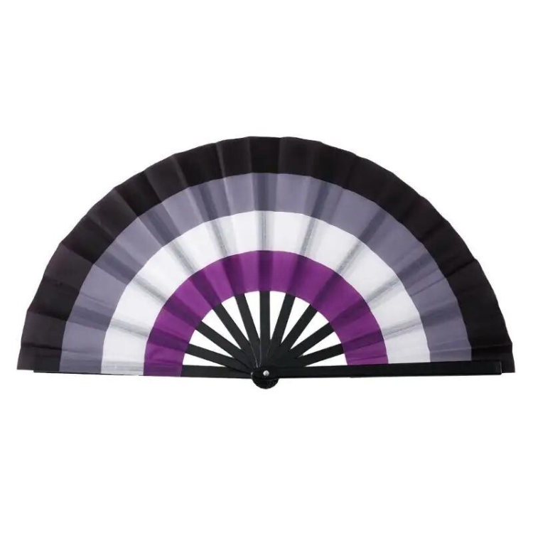Open folding fan with black, gray, white, and purple bands on a white background