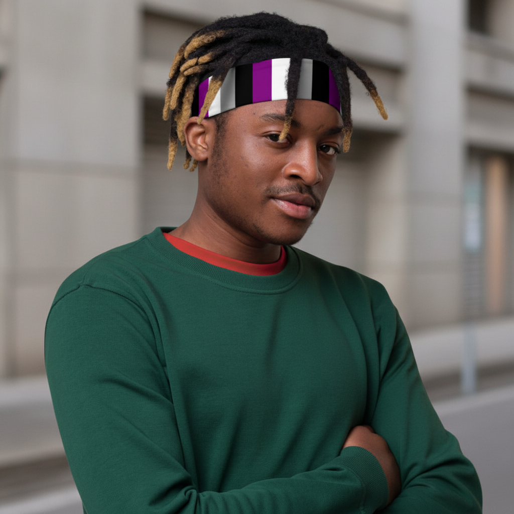 Asexual Pride headband on a person with medium brown skin, blond-tipped locs, dark green sweater; arms crossed, soft smile