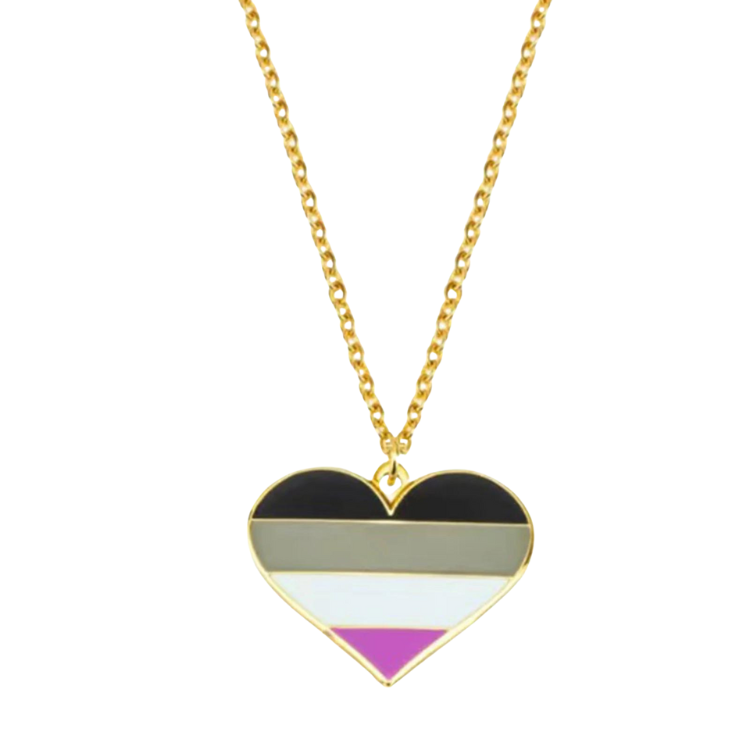 Gold chain necklace with a heart pendant in black, gray, white, and purple stripes
