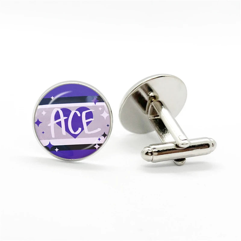 Pair of round ACE cufflinks, one front-facing with purple stripes and silver T-bar backing