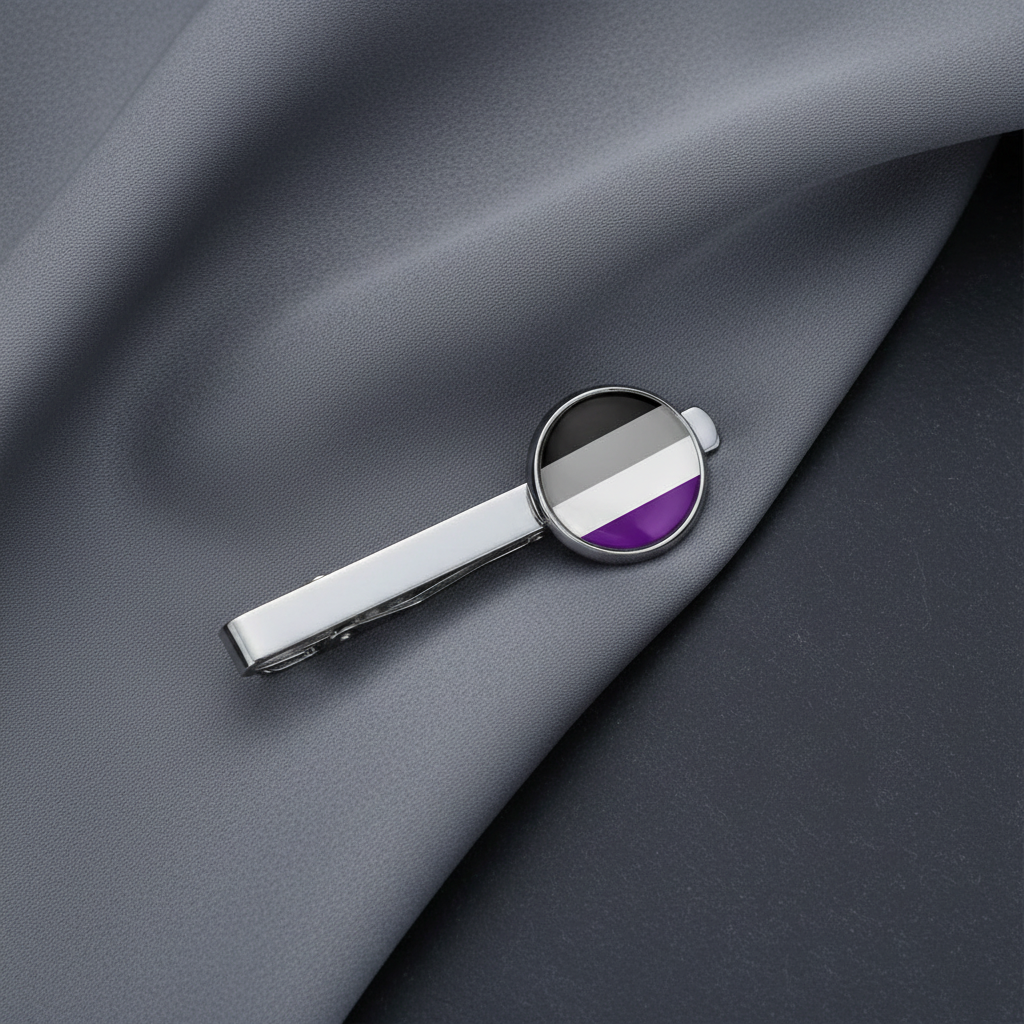 Asexual Pride tie clip with a round emblem displays black, gray, white