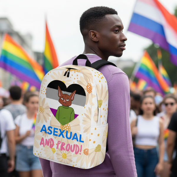 Asexual And Proud Minimalist Backpack with cartoon cat and heart, worn by person in lavender at pride as rainbow flags wave.