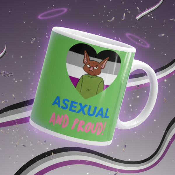 Angled green mug reading “ASEXUAL AND PROUD!” with a cartoon bat-eared character