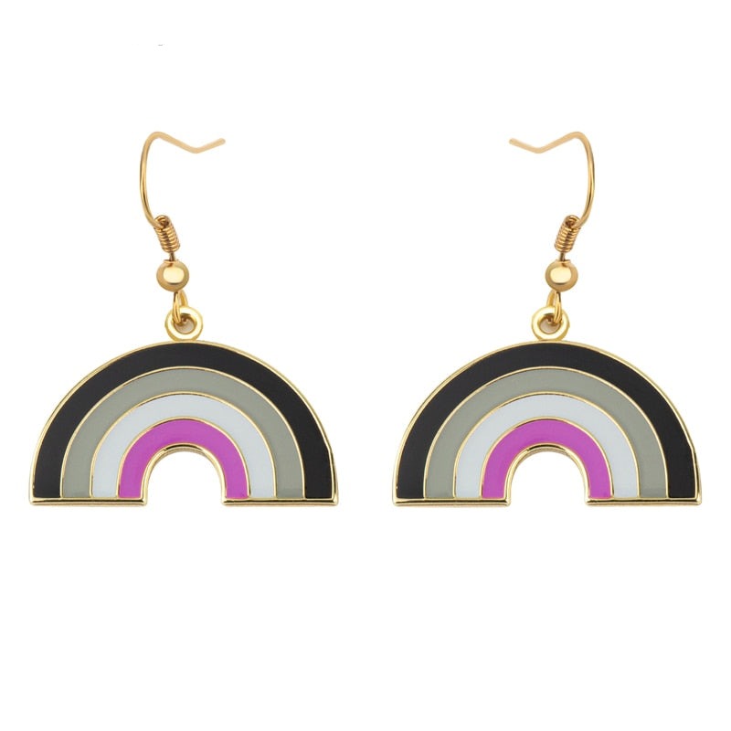 Pair of gold-tone rainbow arch earrings with black, gray, white, and magenta bands