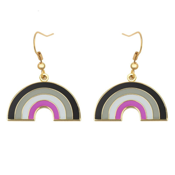 Pair of gold-tone rainbow arch earrings with black, gray, white, and magenta bands