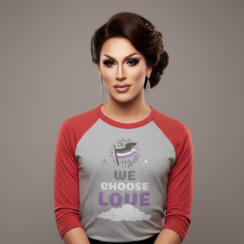 Asexual We Choose Love 3/4 sleeve raglan shirt with raised fist, sparkles, and cloud, worn by person