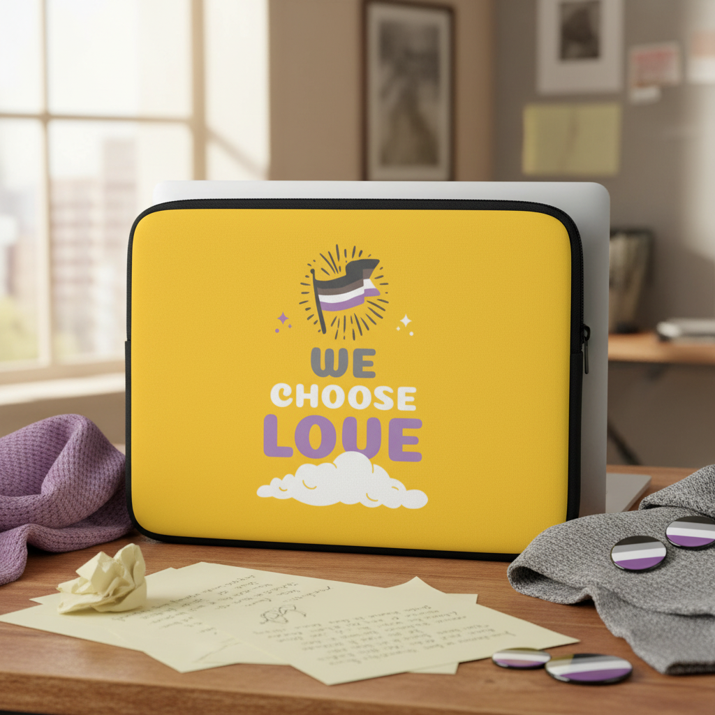 Asexual “We Choose Love” laptop sleeve with hand waving ace flag, queer slogan, on a desk amid notes, pins, purple cloth