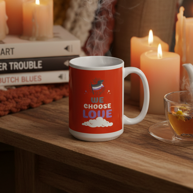 Red-and-white mug reading “WE CHOOSE LOVE,” with a small rainbow graphic, beside candles and tea