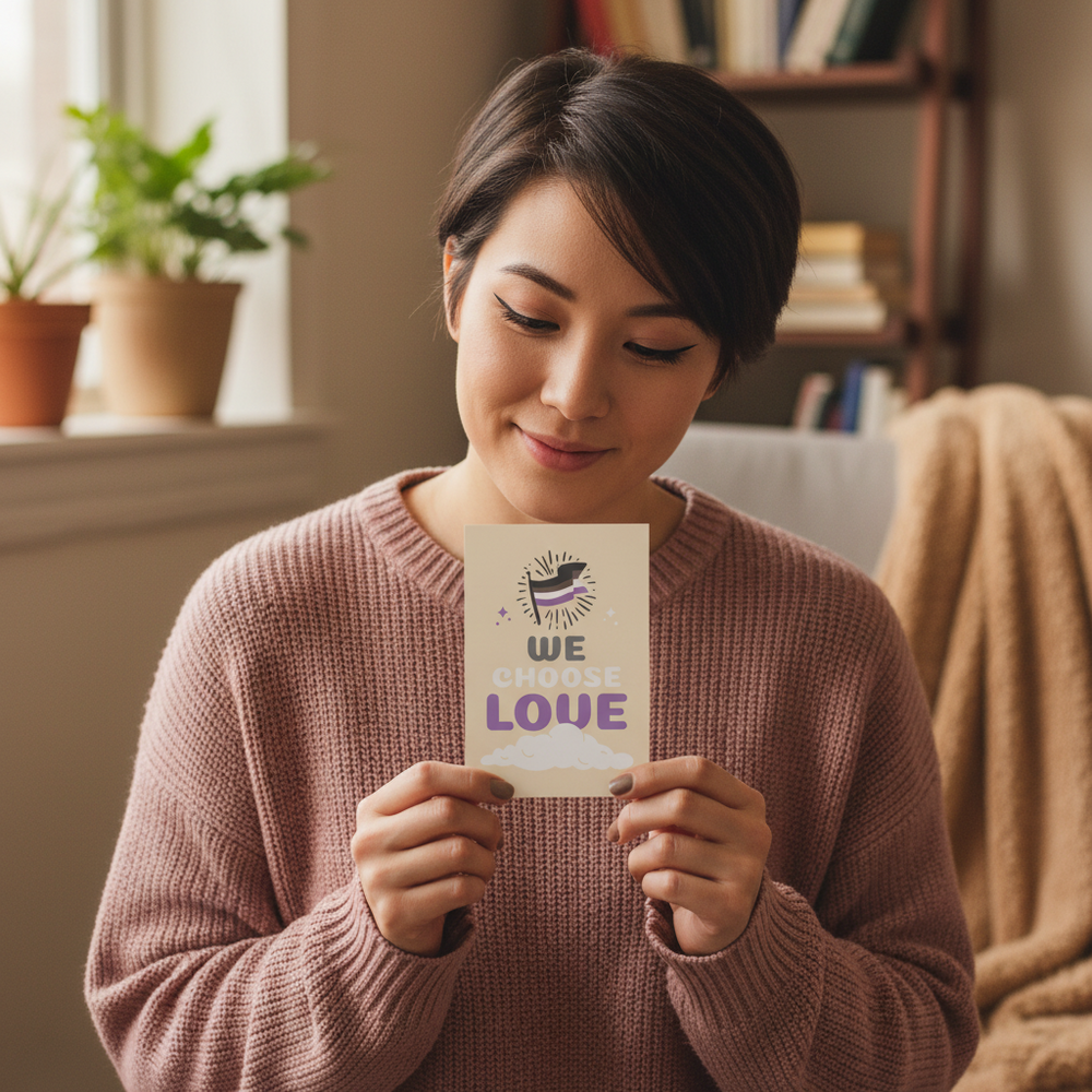 Asexual We Choose Love Postcard held by a person in a pink sweater, cozy room with shelves, plants