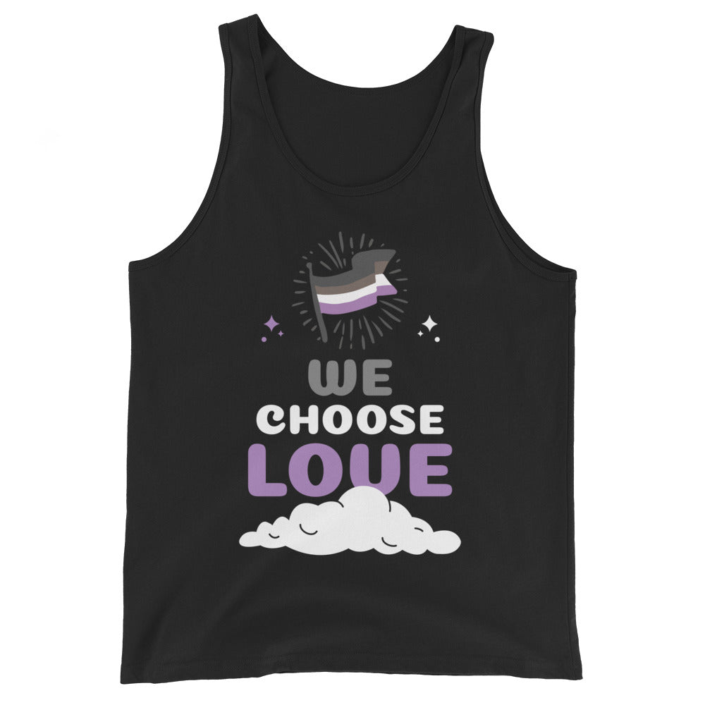 Front view of a black tank top with an asexual flag and “WE CHOOSE LOVE” graphic