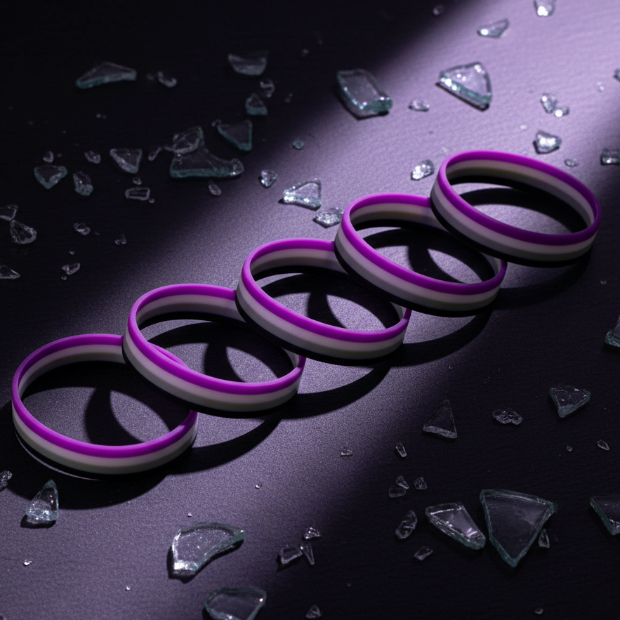 Five asexual pride rubber wristbands in black, gray, white, and purple, arranged with glass shards
