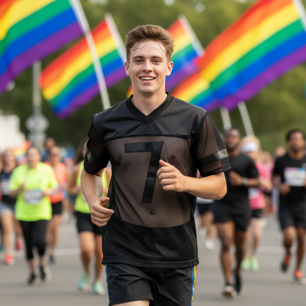 Athletic Seduction See-Through Fishnet Top, confidently jogging in a pride-themed fun run