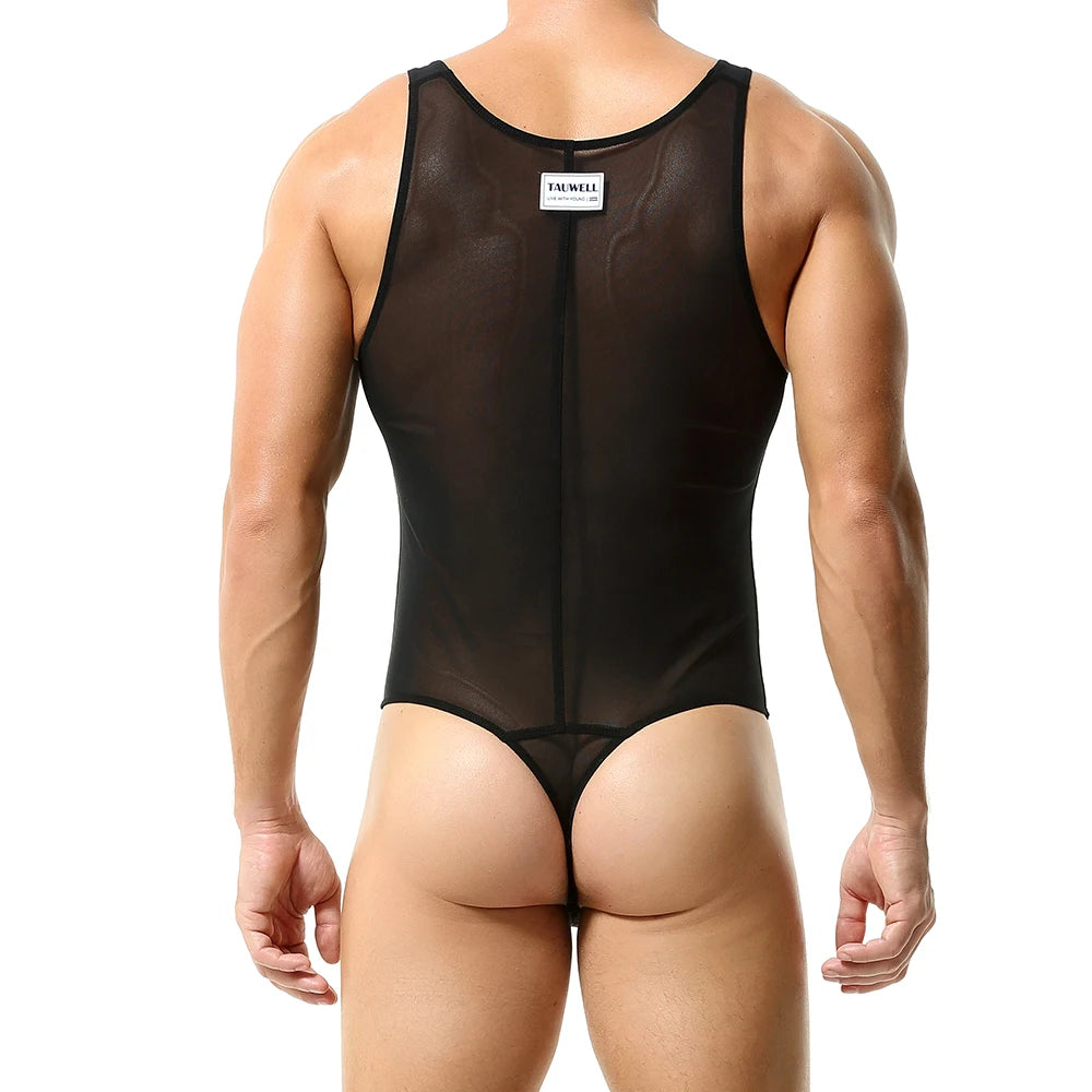 Rear view of a model wearing a black sheer mesh thong bodysuit