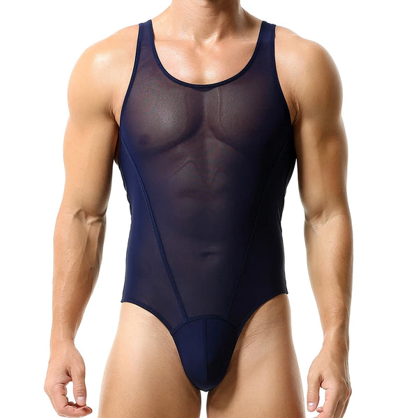 Front view of a muscular model wearing a sheer navy scoop-neck bodysuit
