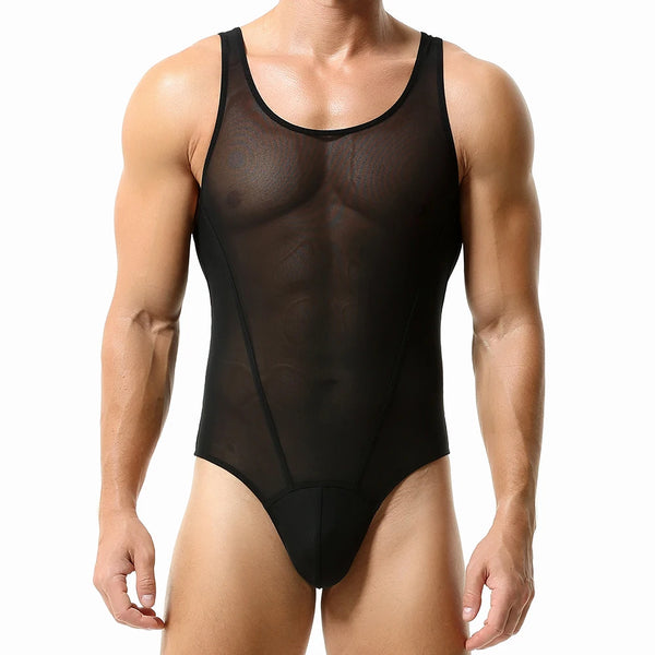 Front view of a muscular model wearing a black sheer mesh bodysuit
