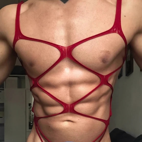 Close-up front view of a person wearing a red strappy cutout bodysuit