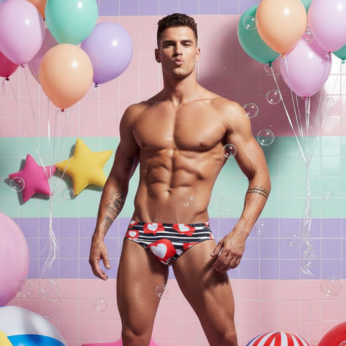 Muscular model in black-and-red striped swim briefs with white and red hearts