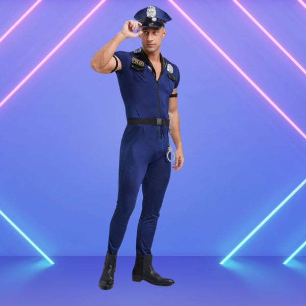 Front-facing model in a navy police jumpsuit, cap, belt, and handcuffs against neon lights