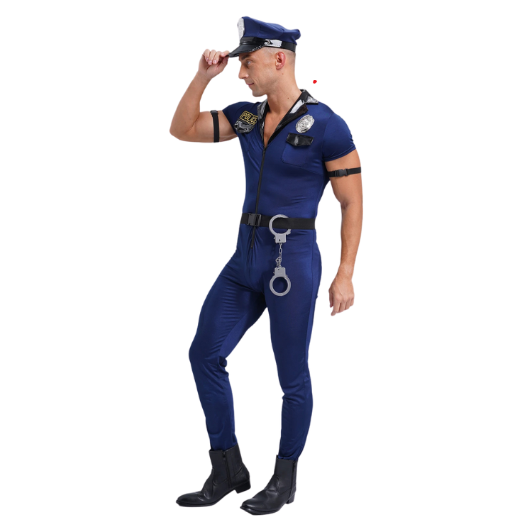 Model in a navy police costume with cap, belt, badge, and handcuffs