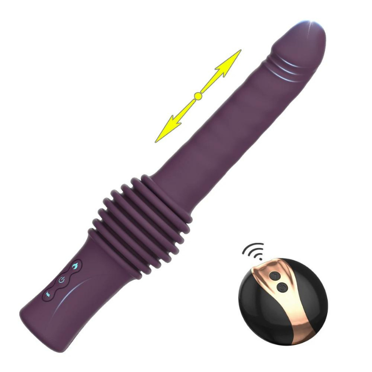 Purple ribbed thrusting dildo with control buttons and wireless remote, shown diagonally