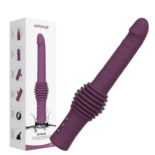 Purple automatic thrusting dildo shown beside its product box
