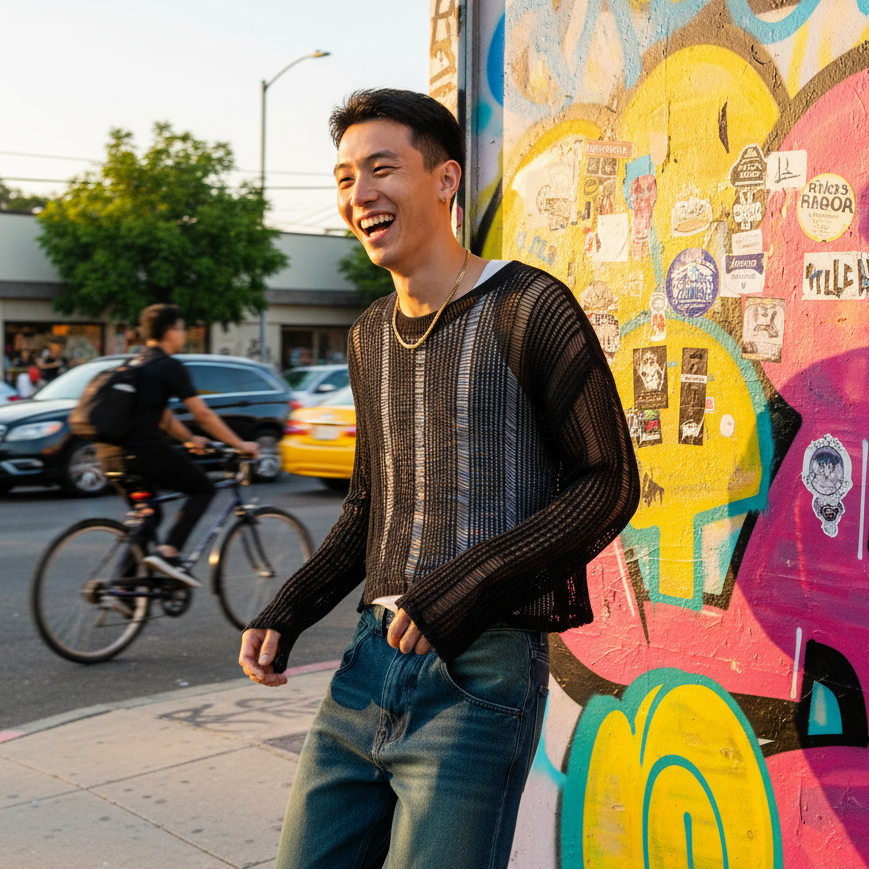 Smiling person wearing a sheer black knitted long-sleeve top beside a colorful graffiti wall