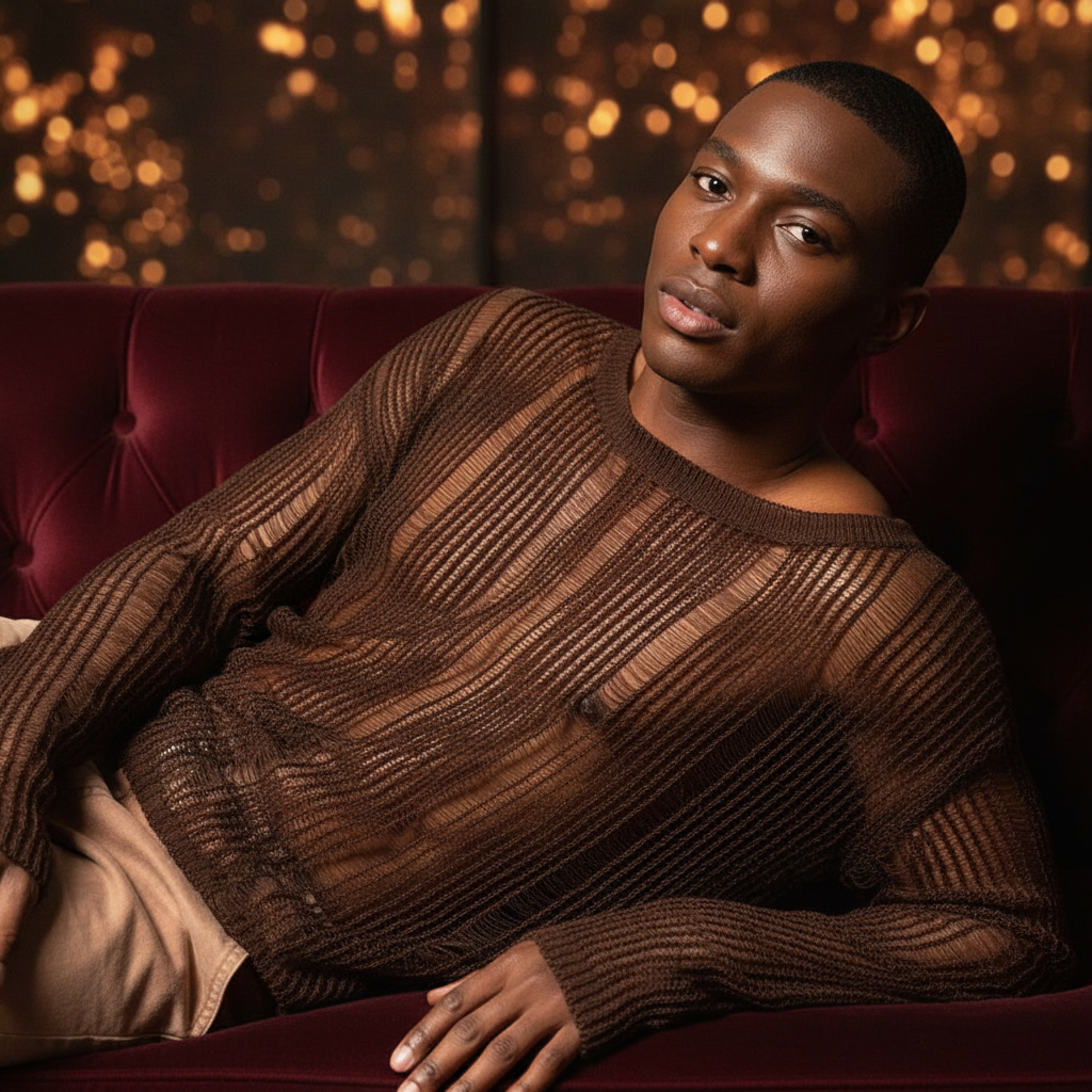 Person reclining on a burgundy sofa in a sheer brown open-knit sweater