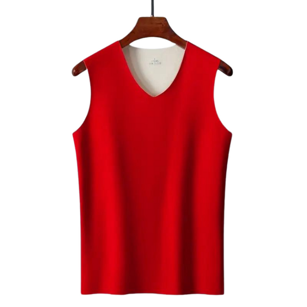 Front view of a solid red sleeveless V-neck tank top hanging on a wooden hanger
