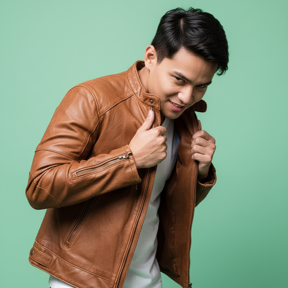 Person wearing a tan leather jacket, pulling open its raised collar against a mint-green background