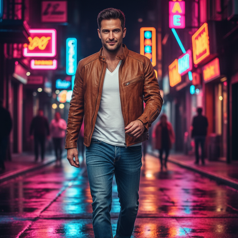 person walking on a neon-lit wet street wearing a brown leather jacket over a white shirt